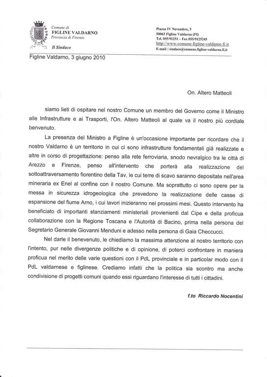 LETTERA DELSINDACO NOCENTINI AL MINISTRO ALTERO MATTEOLI